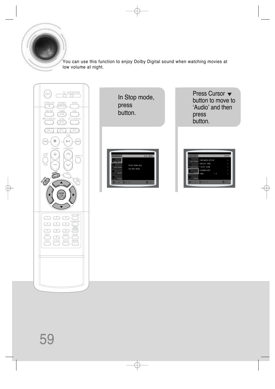 Setting the drc (dynamic range compression), 59 setting the drc, Dynamic range compression) | Samsung HT-DS660 User Manual | Page 60 / 82