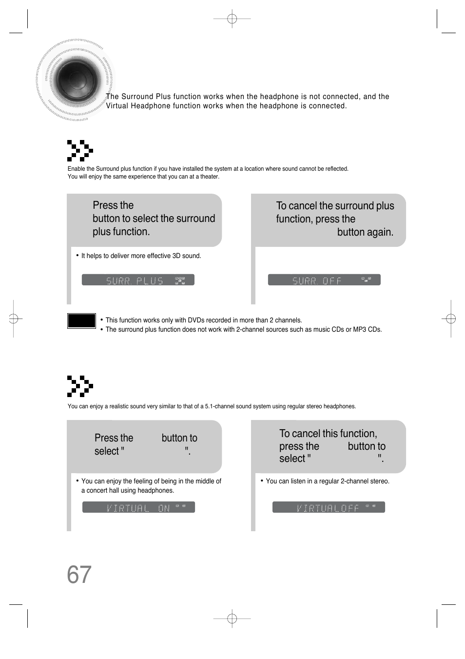 Surround plus / virtual headphone, 67 surround plus / virtual headphone | Samsung HT-DS660 User Manual | Page 68 / 82