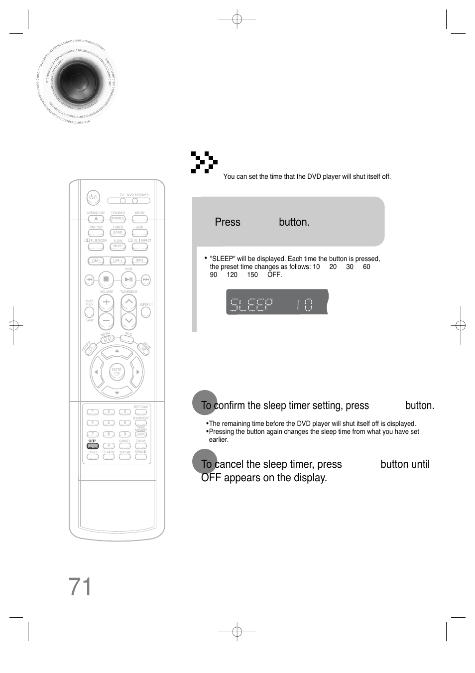 Miscellaneous, Convenient functions, 71 convenient functions | Sleep timer function | Samsung HT-DS660 User Manual | Page 72 / 82