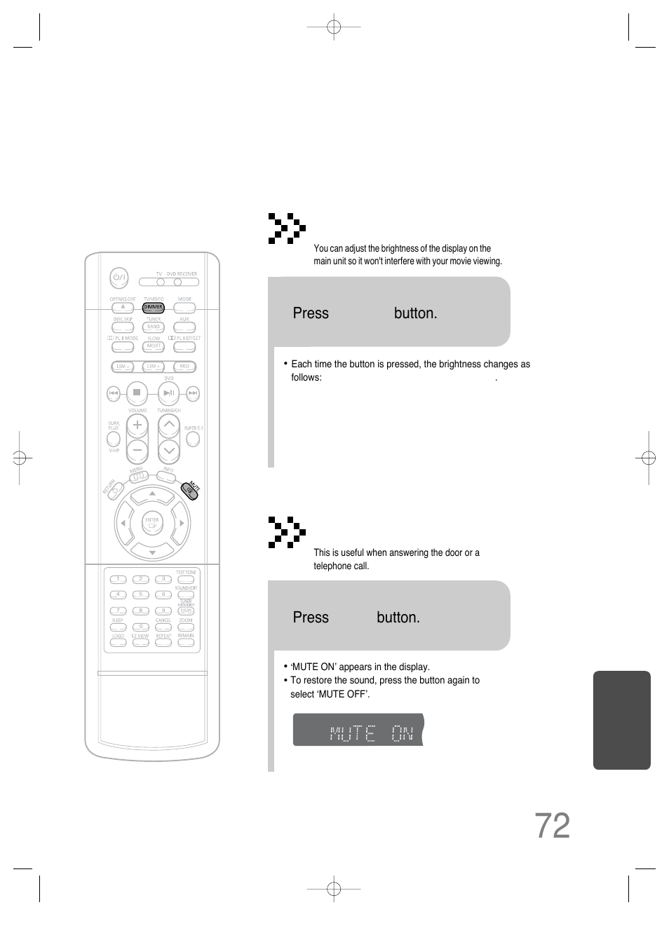 Adjusting display brightness, Mute function, Press dimmer button | Press mute button | Samsung HT-DS660 User Manual | Page 73 / 82