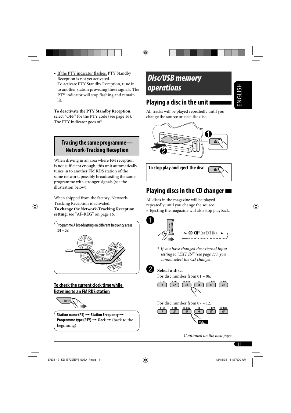 Playing a disc in the unit, Playing discs in the cd changer, English | JVC KD-G721  RU User Manual | Page 11 / 86