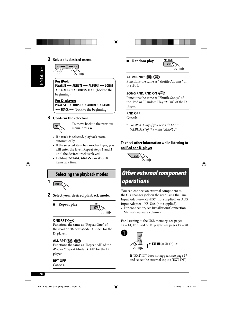Other external component operations, English, Selecting the playback modes | JVC KD-G721  RU User Manual | Page 20 / 86