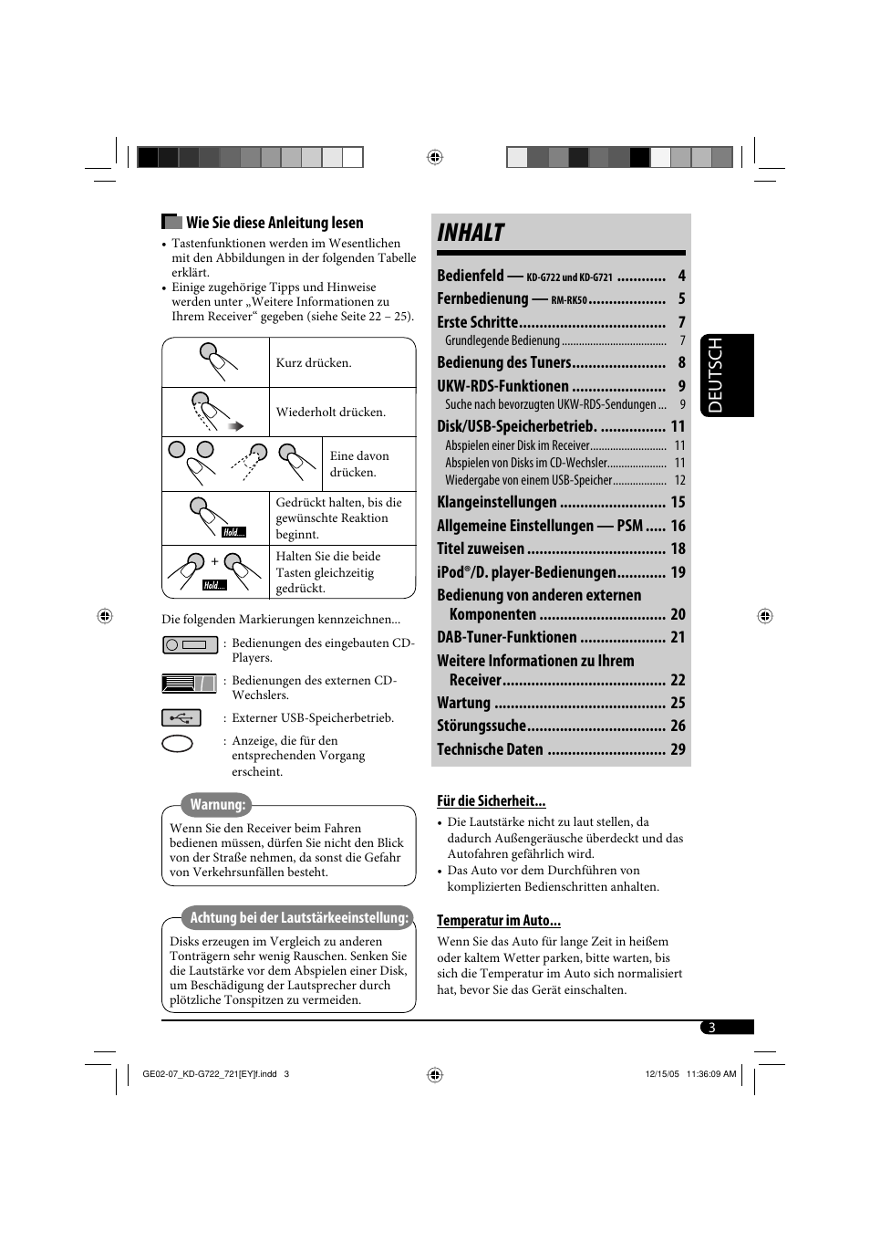 Inhalt, Deutsch, Wie sie diese anleitung lesen | Bedienfeld, Fernbedienung, Erste schritte, Bedienung des tuners ukw-rds-funktionen, Disk/usb-speicherbetrieb | JVC KD-G721  RU User Manual | Page 31 / 86