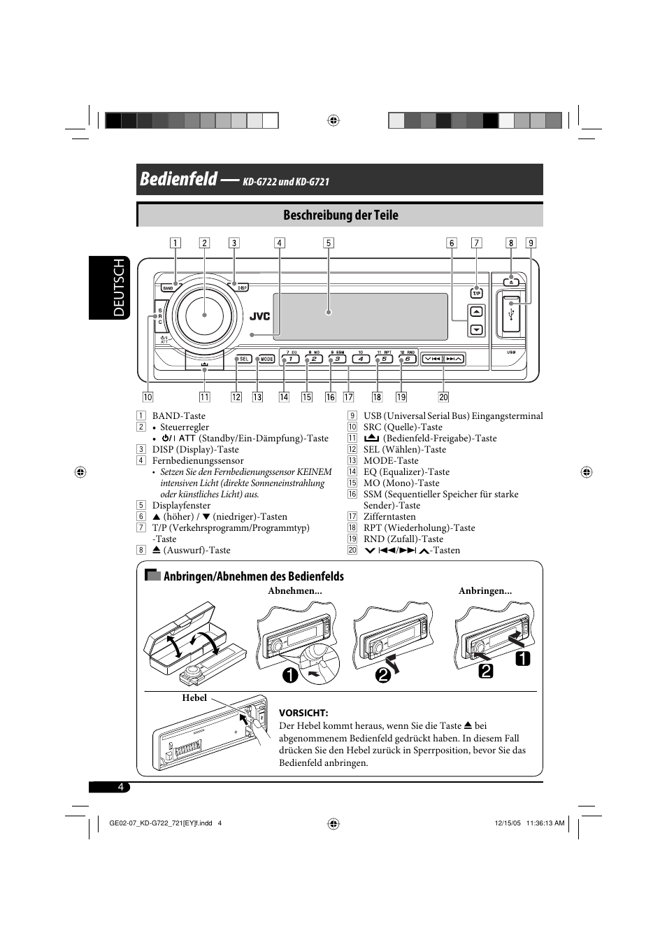 Bedienfeld, Deutsch, Beschreibung der teile | Anbringen/abnehmen des bedienfelds | JVC KD-G721  RU User Manual | Page 32 / 86