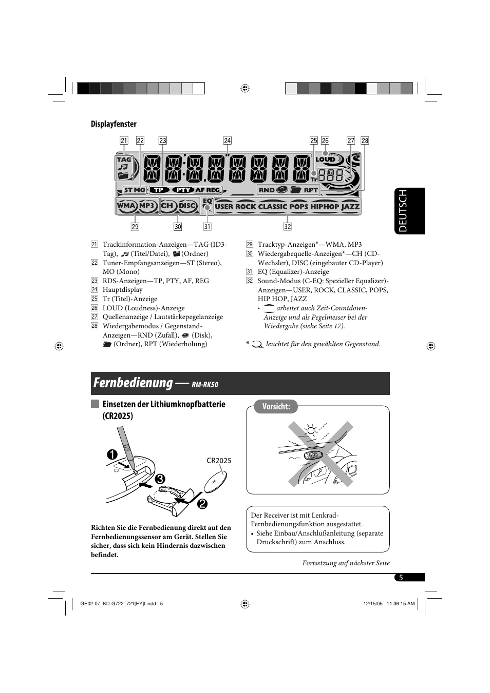Fernbedienung, Deutsch, Einsetzen der lithiumknopfbatterie (cr2025) | JVC KD-G721  RU User Manual | Page 33 / 86