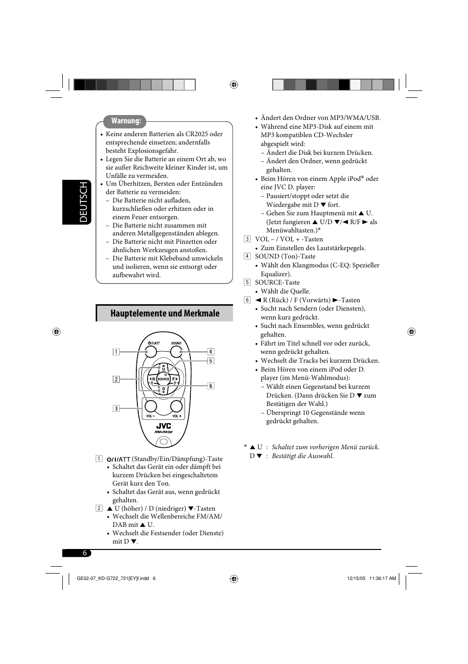 Deutsch, Hauptelemente und merkmale | JVC KD-G721  RU User Manual | Page 34 / 86