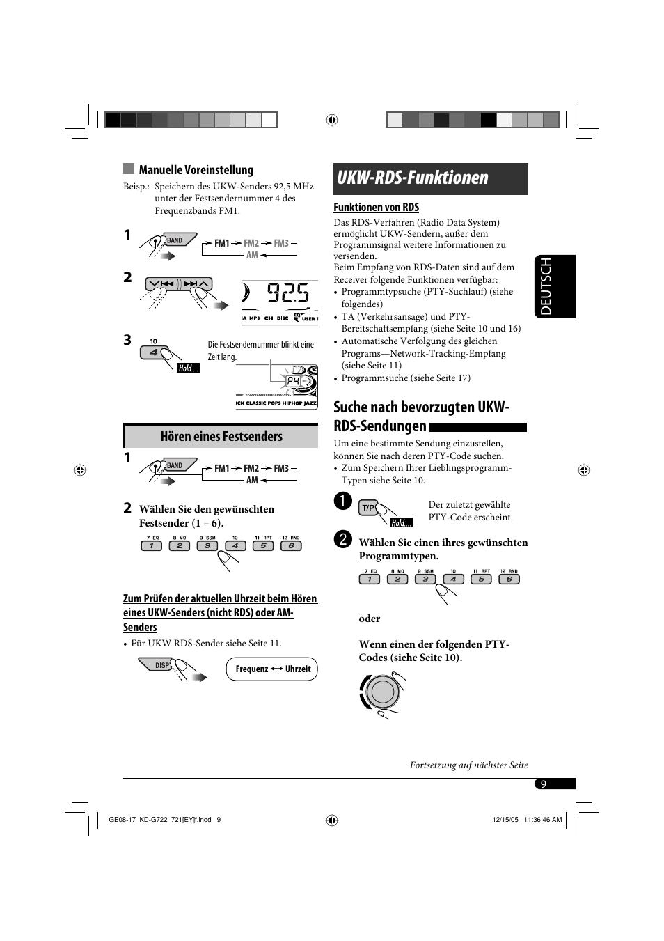 Ukw-rds-funktionen, Suche nach bevorzugten ukw- rds-sendungen, Deutsch | Hören eines festsenders | JVC KD-G721  RU User Manual | Page 37 / 86