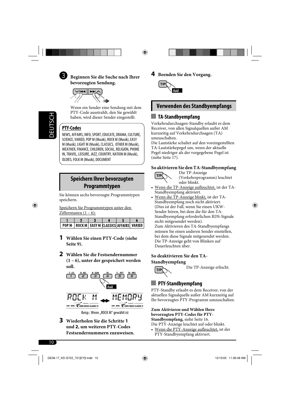 Deutsch, Speichern ihrer bevorzugten programmtypen, Verwenden des standbyempfangs | JVC KD-G721  RU User Manual | Page 38 / 86