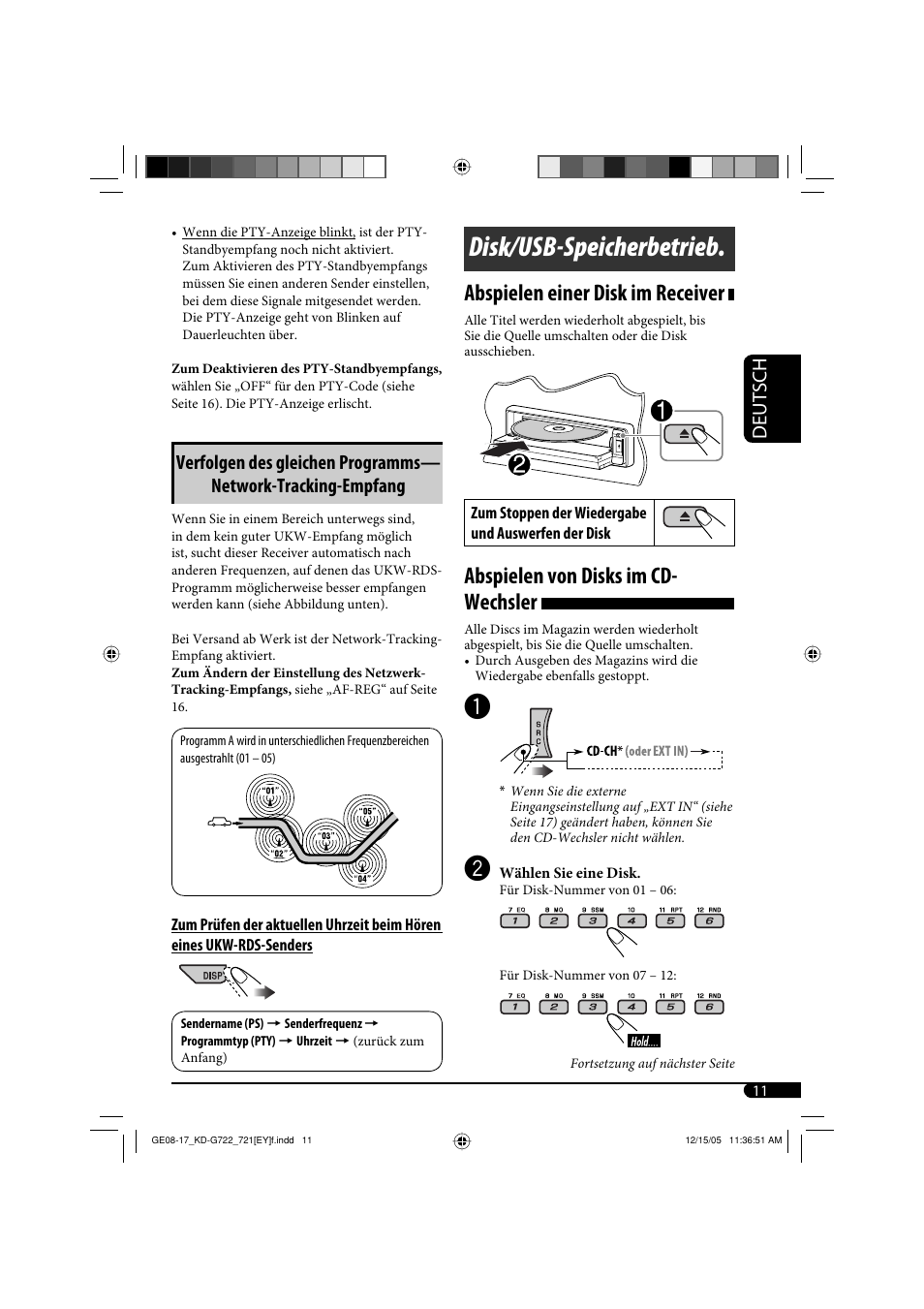 Disk/usb-speicherbetrieb, Abspielen einer disk im receiver, Abspielen von disks im cd- wechsler | Deutsch | JVC KD-G721  RU User Manual | Page 39 / 86