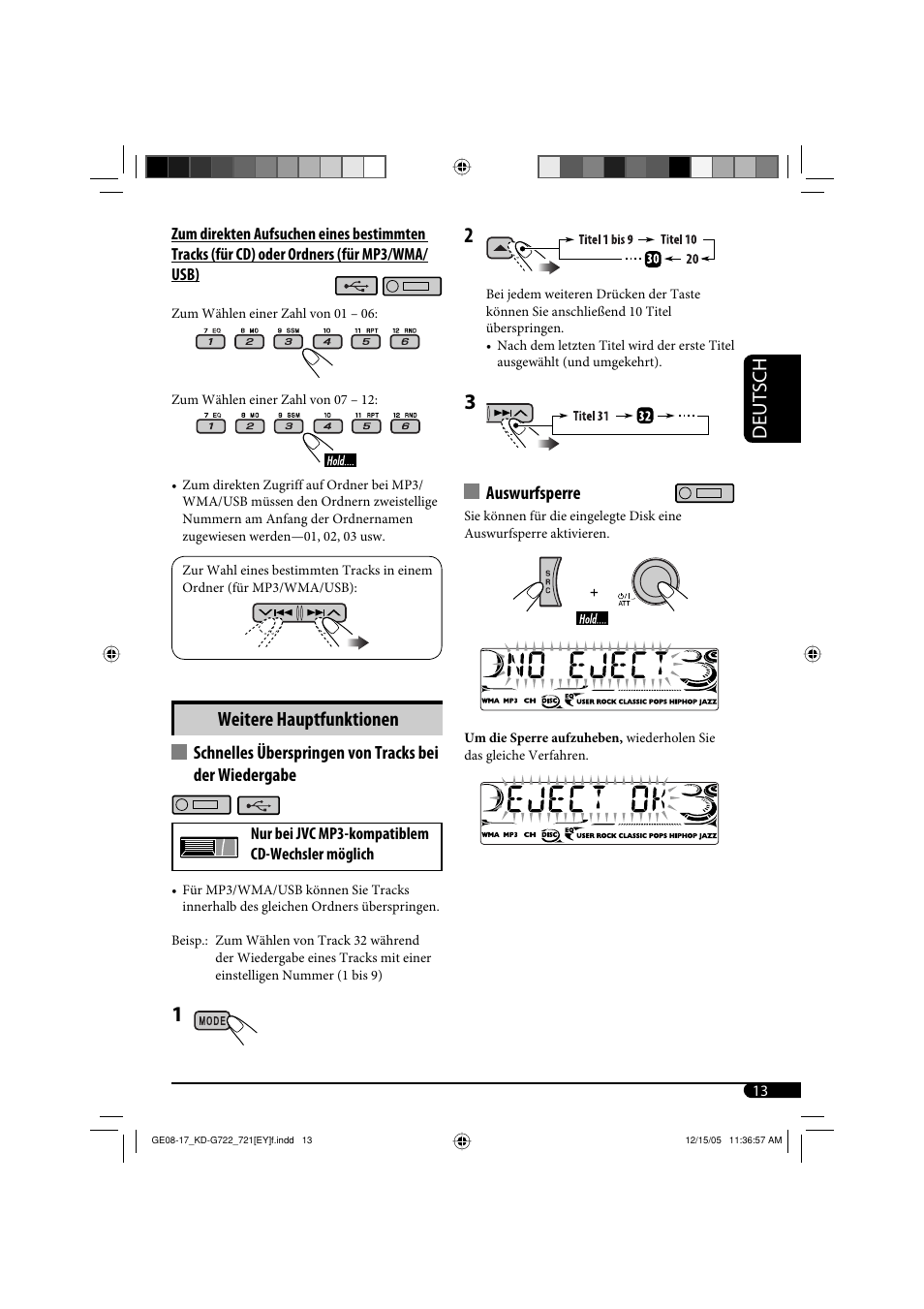 Deutsch, Weitere hauptfunktionen, Auswurfsperre | JVC KD-G721  RU User Manual | Page 41 / 86