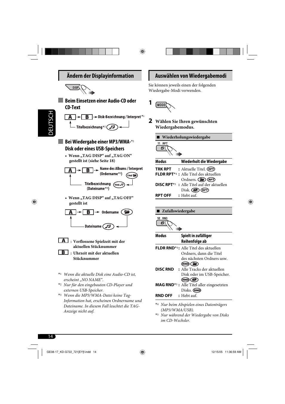 Deutsch ändern der displayinformation, Auswählen von wiedergabemodi, Disk oder eines usb-speichers | JVC KD-G721  RU User Manual | Page 42 / 86