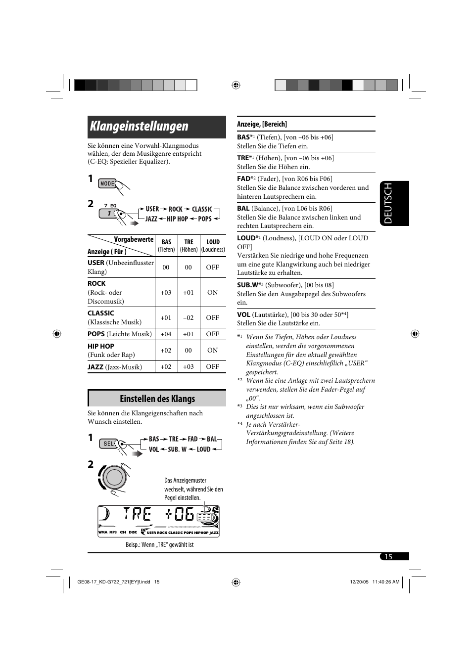 Klangeinstellungen, Deutsch, Einstellen des klangs | JVC KD-G721  RU User Manual | Page 43 / 86