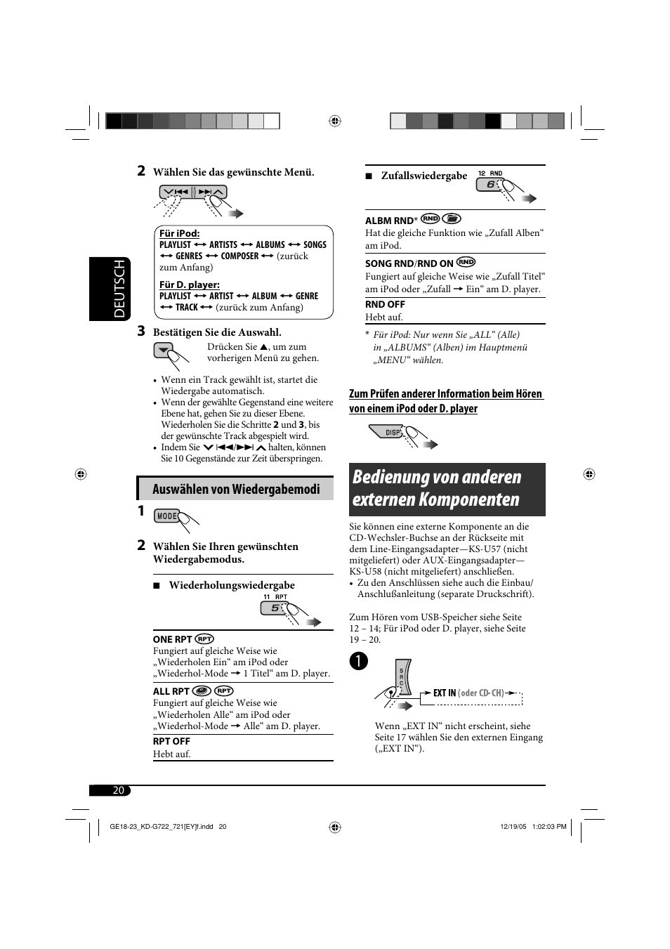 Bedienung von anderen externen komponenten, Deutsch, Auswählen von wiedergabemodi | JVC KD-G721  RU User Manual | Page 48 / 86