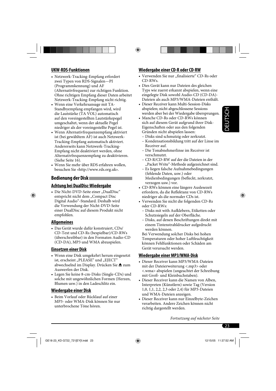 Deutsch, Bedienung der disk | JVC KD-G721  RU User Manual | Page 51 / 86