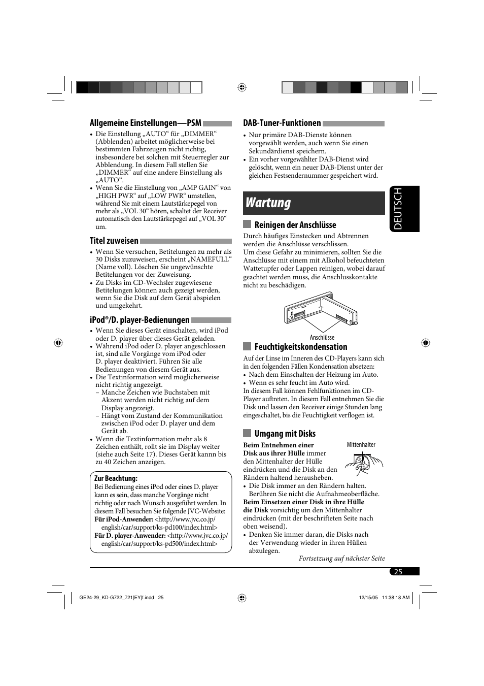 Wartung, Deutsch, Allgemeine einstellungen—psm | Titel zuweisen, Ipod®/d. player-bedienungen, Dab-tuner-funktionen, Reinigen der anschlüsse, Feuchtigkeitskondensation, Umgang mit disks | JVC KD-G721  RU User Manual | Page 53 / 86