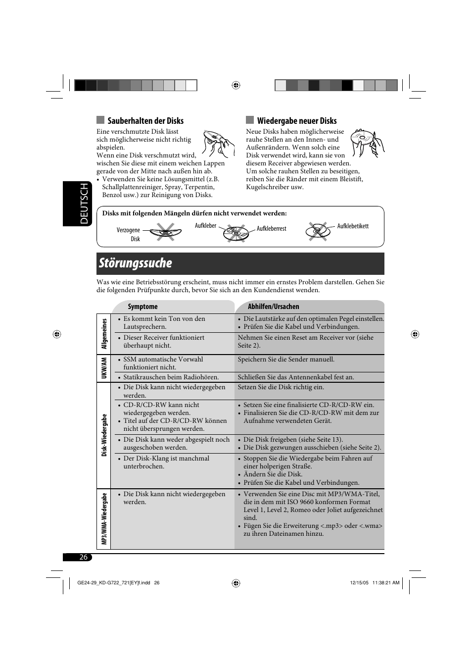 Störungssuche, Deutsch, Sauberhalten der disks | Wiedergabe neuer disks | JVC KD-G721  RU User Manual | Page 54 / 86