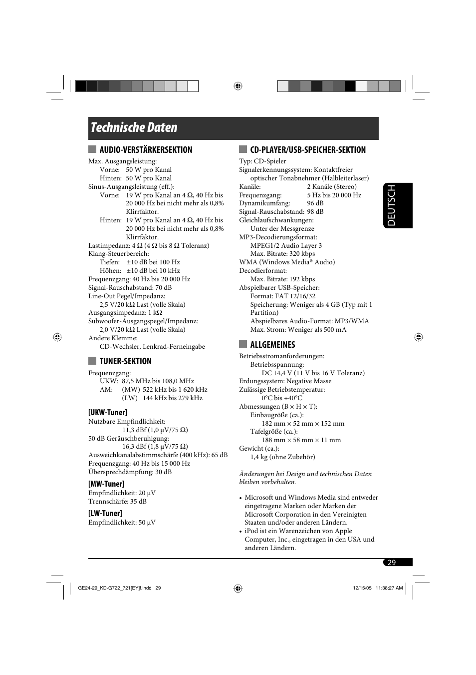 Technische daten, Deutsch, Audio-verstärkersektion | Tuner-sektion, Cd-player/usb-speicher-sektion, Allgemeines | JVC KD-G721  RU User Manual | Page 57 / 86