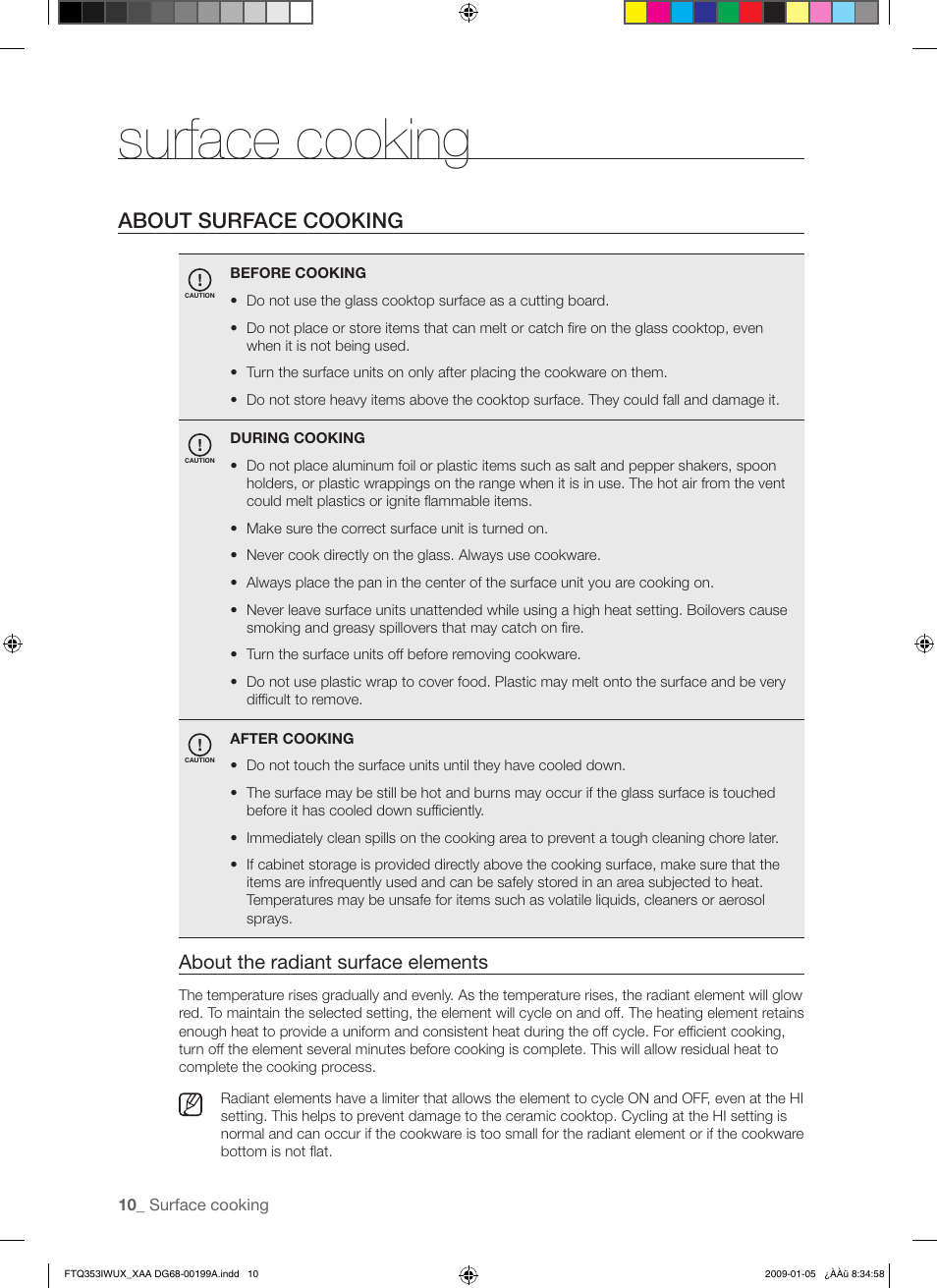 Surface cooking, About surface cooking, About the radiant surface elements | Samsung FTQ353 User Manual | Page 10 / 56