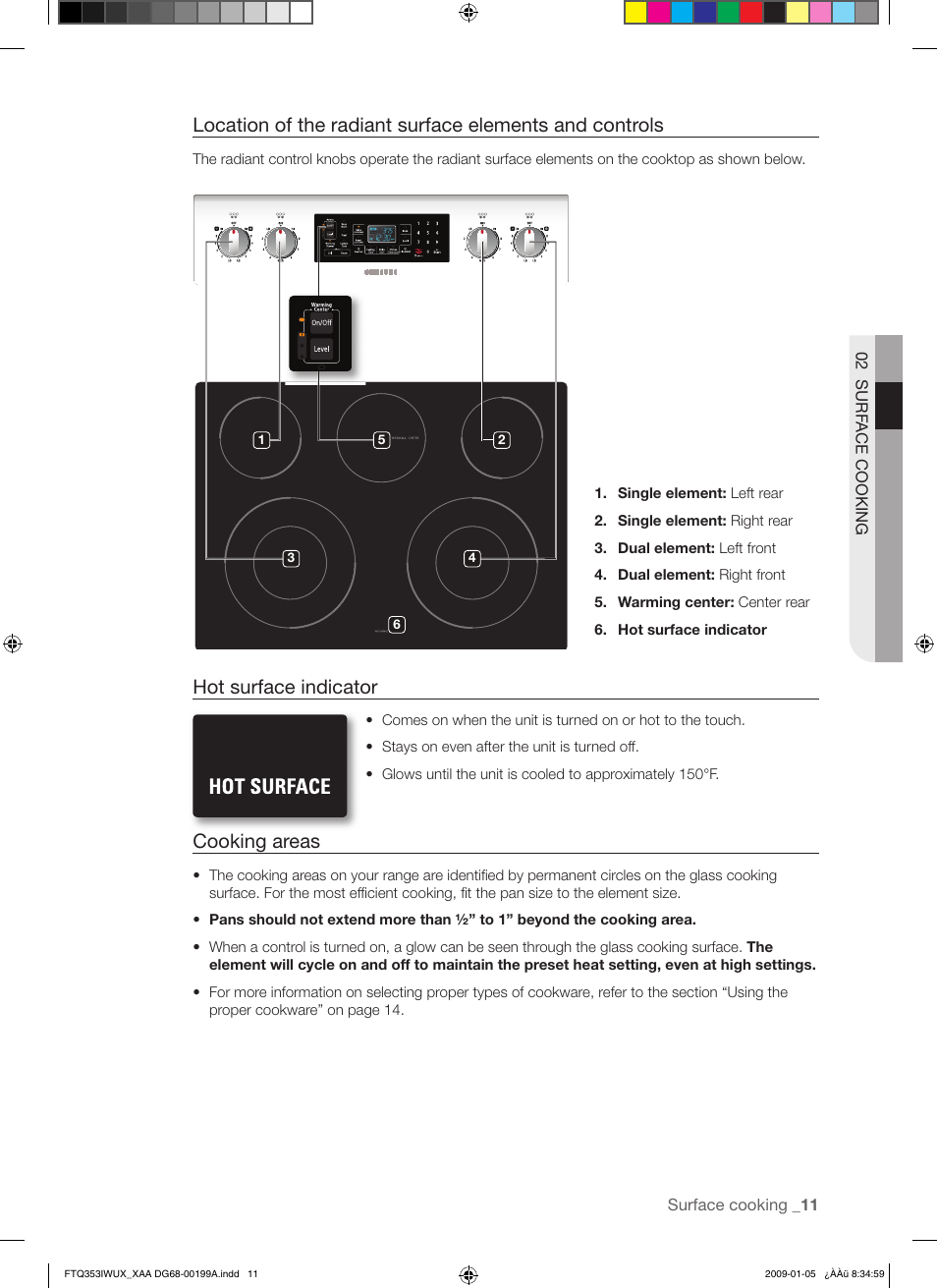 Hot surface indicator, Cooking areas | Samsung FTQ353 User Manual | Page 11 / 56