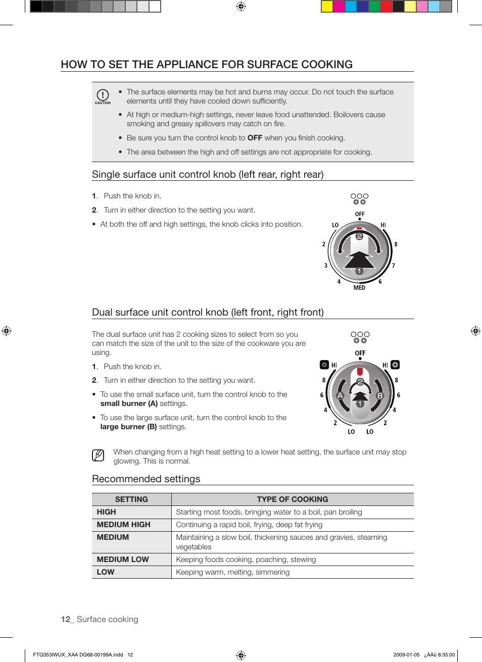 How to set the appliance for surface cooking, Recommended settings | Samsung FTQ353 User Manual | Page 12 / 56