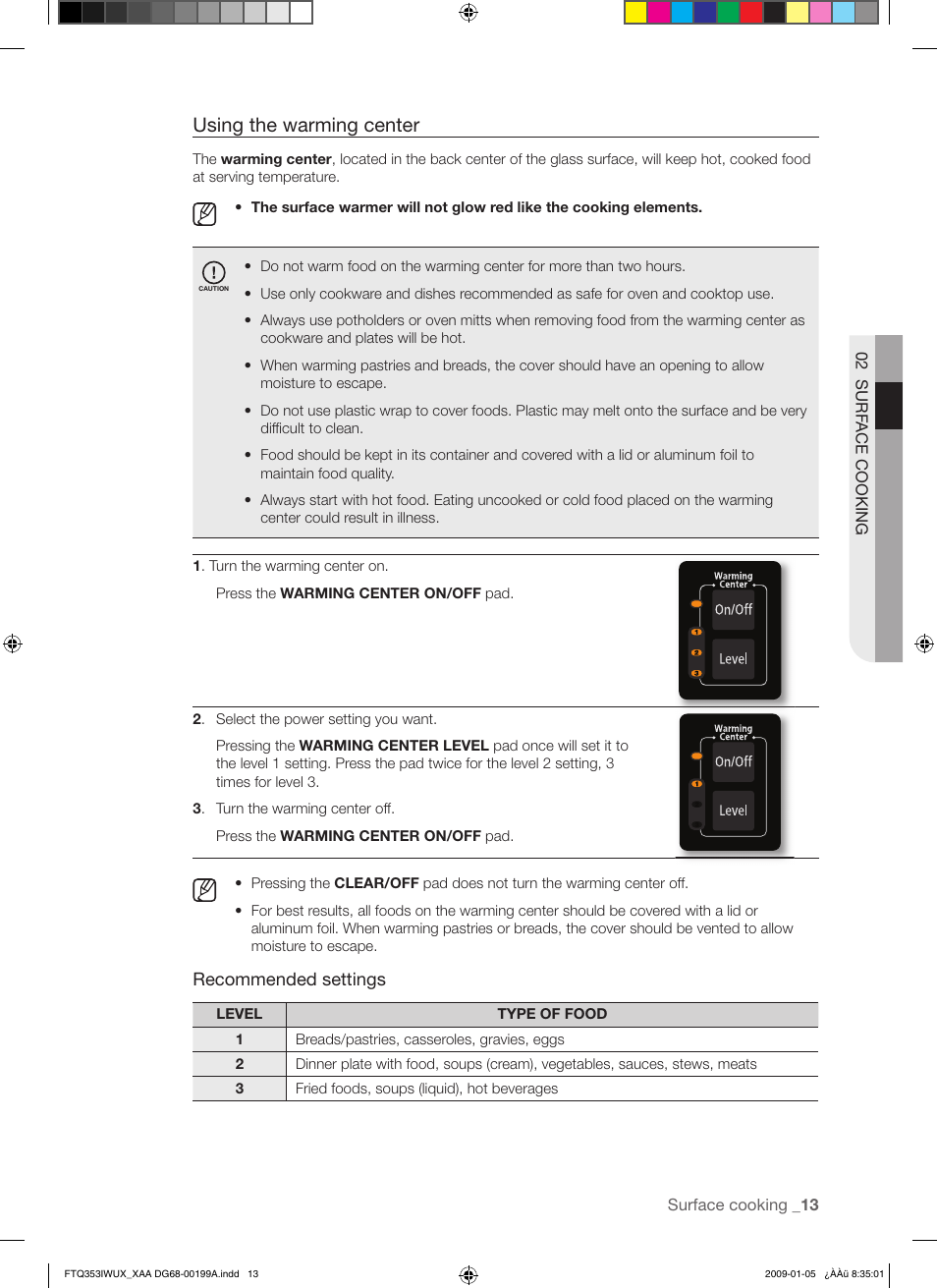 Using the warming center | Samsung FTQ353 User Manual | Page 13 / 56