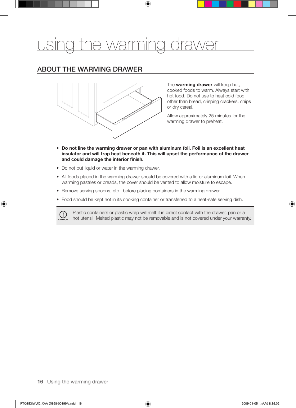 Using the warming drawer, About the warming drawer | Samsung FTQ353 User Manual | Page 16 / 56