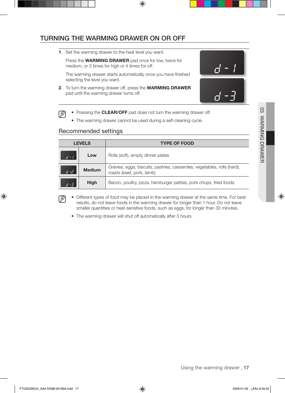 Turning the warming drawer on or off, Recommended settings | Samsung FTQ353 User Manual | Page 17 / 56