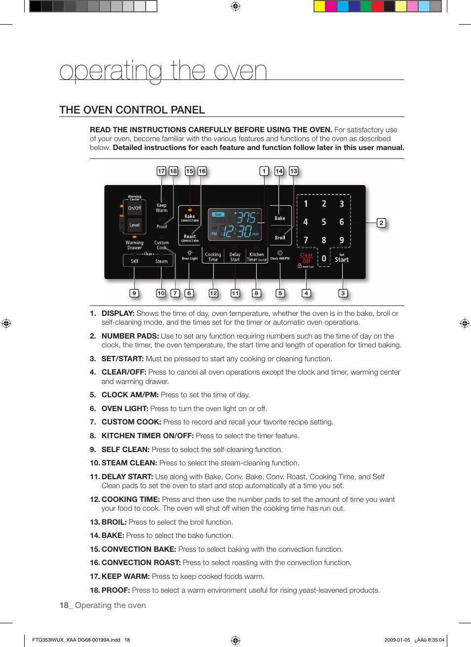 Operating the oven, The oven control panel | Samsung FTQ353 User Manual | Page 18 / 56