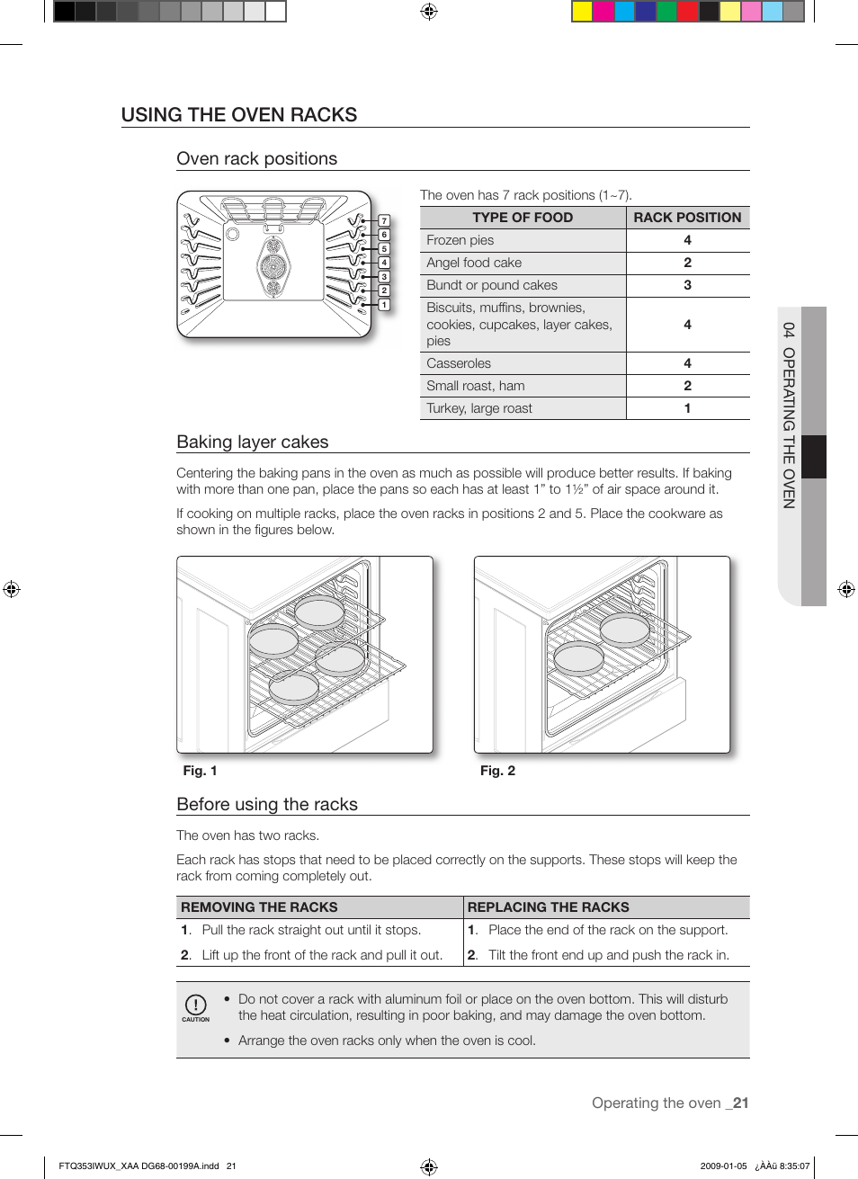 Using the oven racks, Oven rack positions, Baking layer cakes | Before using the racks | Samsung FTQ353 User Manual | Page 21 / 56