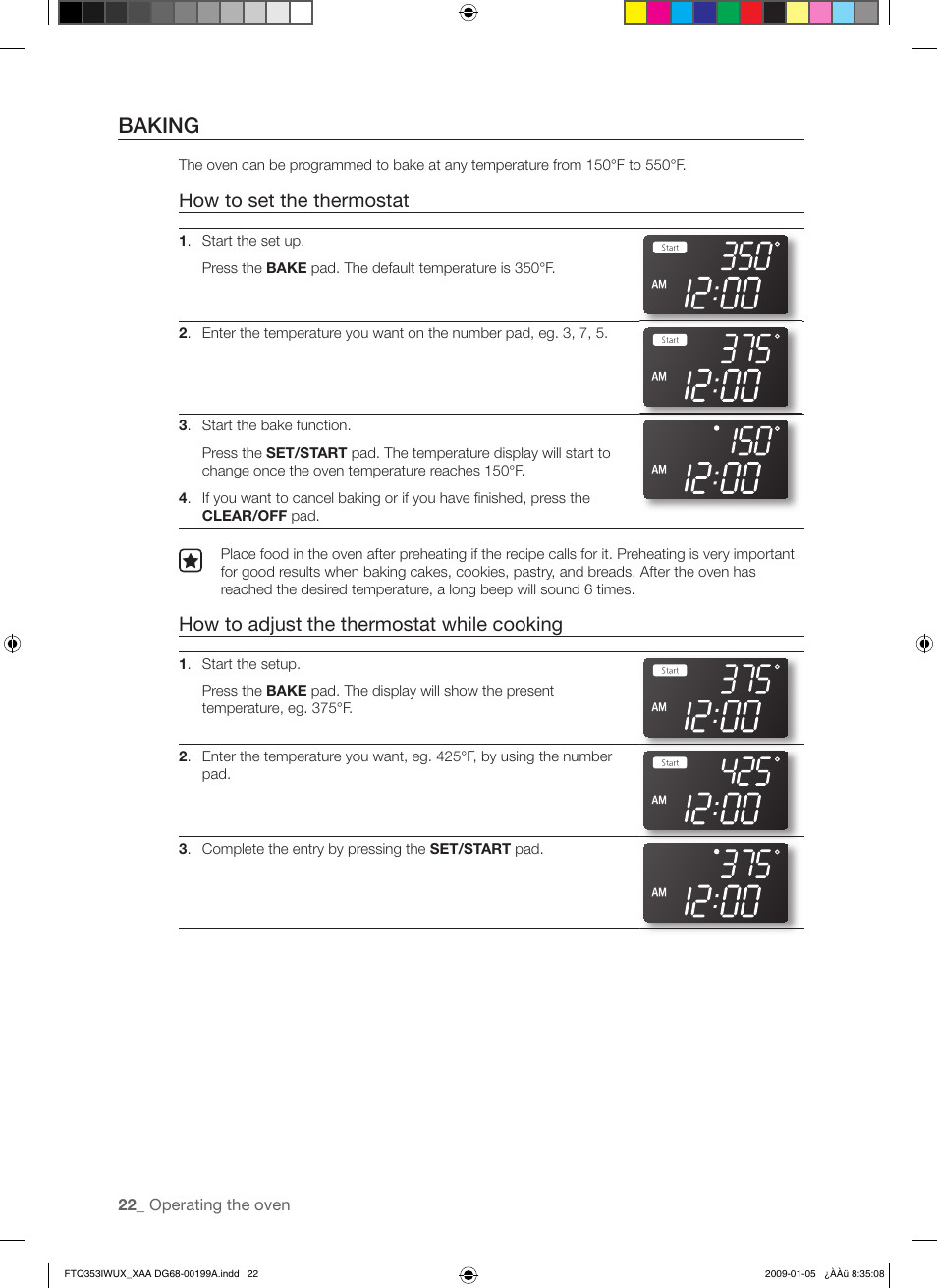 Baking, How to set the thermostat, How to adjust the thermostat while cooking | Samsung FTQ353 User Manual | Page 22 / 56