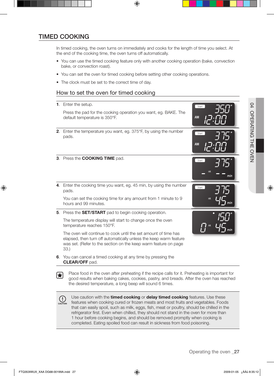 Timed cooking, How to set the oven for timed cooking | Samsung FTQ353 User Manual | Page 27 / 56