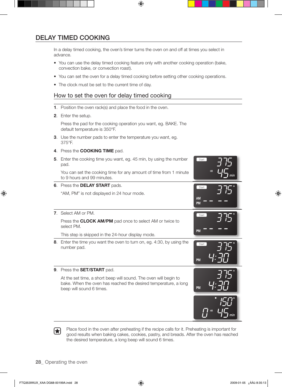Delay timed cooking, How to set the oven for delay timed cooking | Samsung FTQ353 User Manual | Page 28 / 56