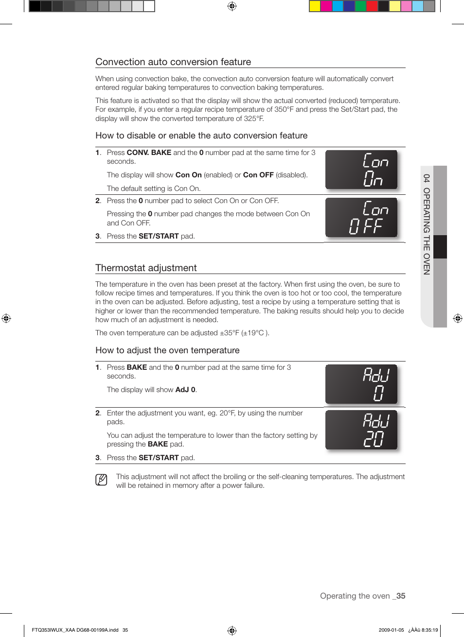Convection auto conversion feature, Thermostat adjustment | Samsung FTQ353 User Manual | Page 35 / 56