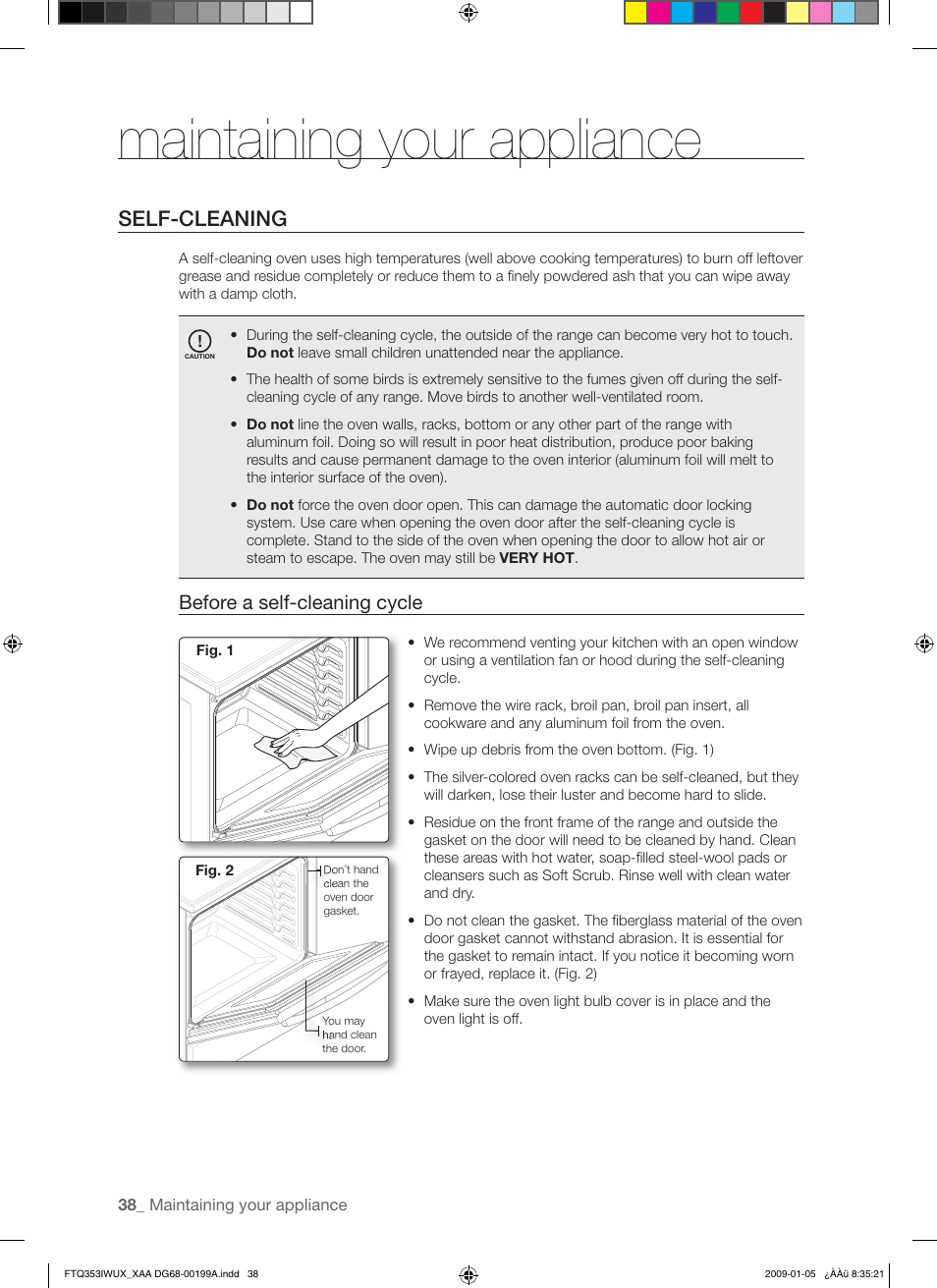Maintaining your appliance, Self-cleaning, Before a self-cleaning cycle | Samsung FTQ353 User Manual | Page 38 / 56