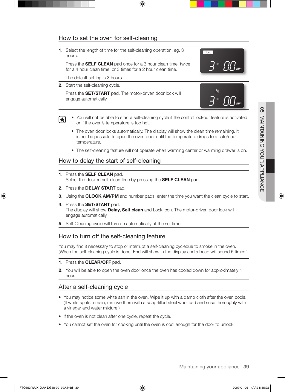 How to set the oven for self-cleaning, How to delay the start of self-cleaning, How to turn off the self-cleaning feature | After a self-cleaning cycle | Samsung FTQ353 User Manual | Page 39 / 56