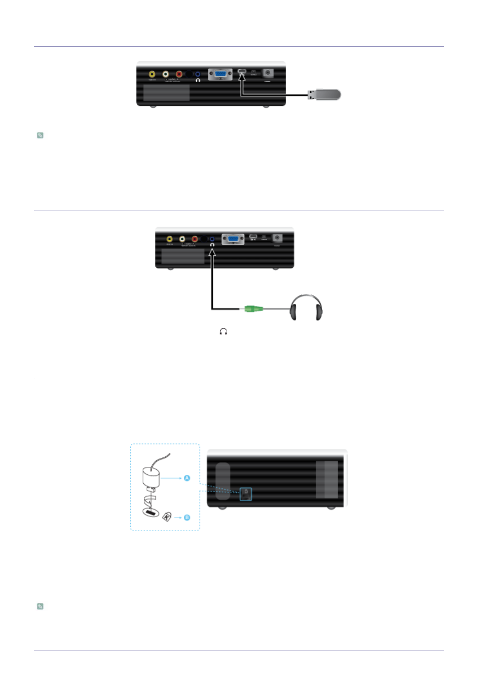 7 connecting a usb device, 8 connecting headphones, 9 kensington lock | Connecting a usb device -7, Connecting headphones -8, Kensington lock -9 | Samsung SP-U300M User Manual | Page 18 / 45