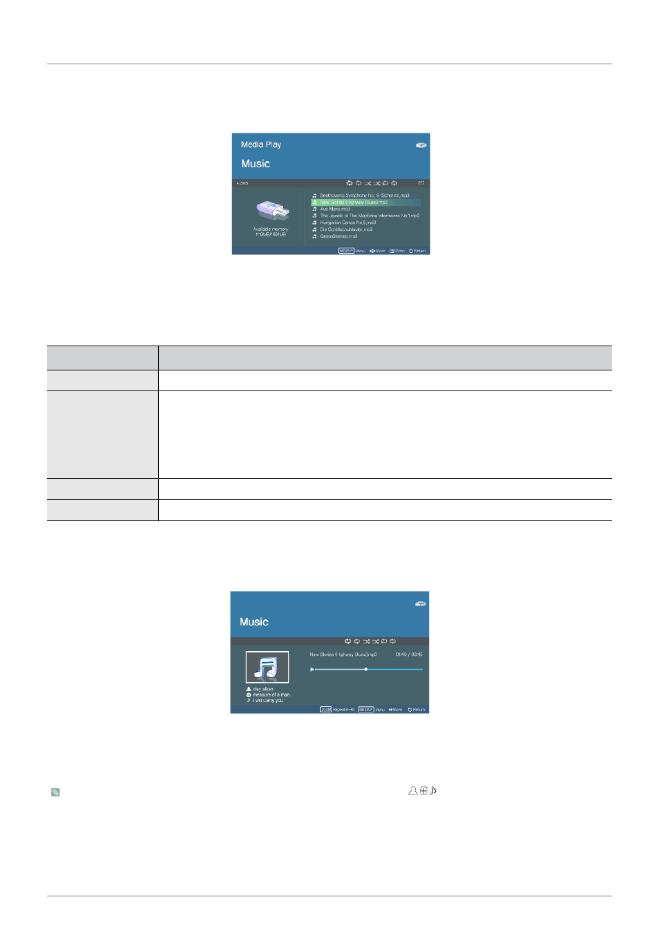 3 music, Music -3, Menu displayed when selecting a music list | Menu displayed when playing music | Samsung SP-U300M User Manual | Page 31 / 45