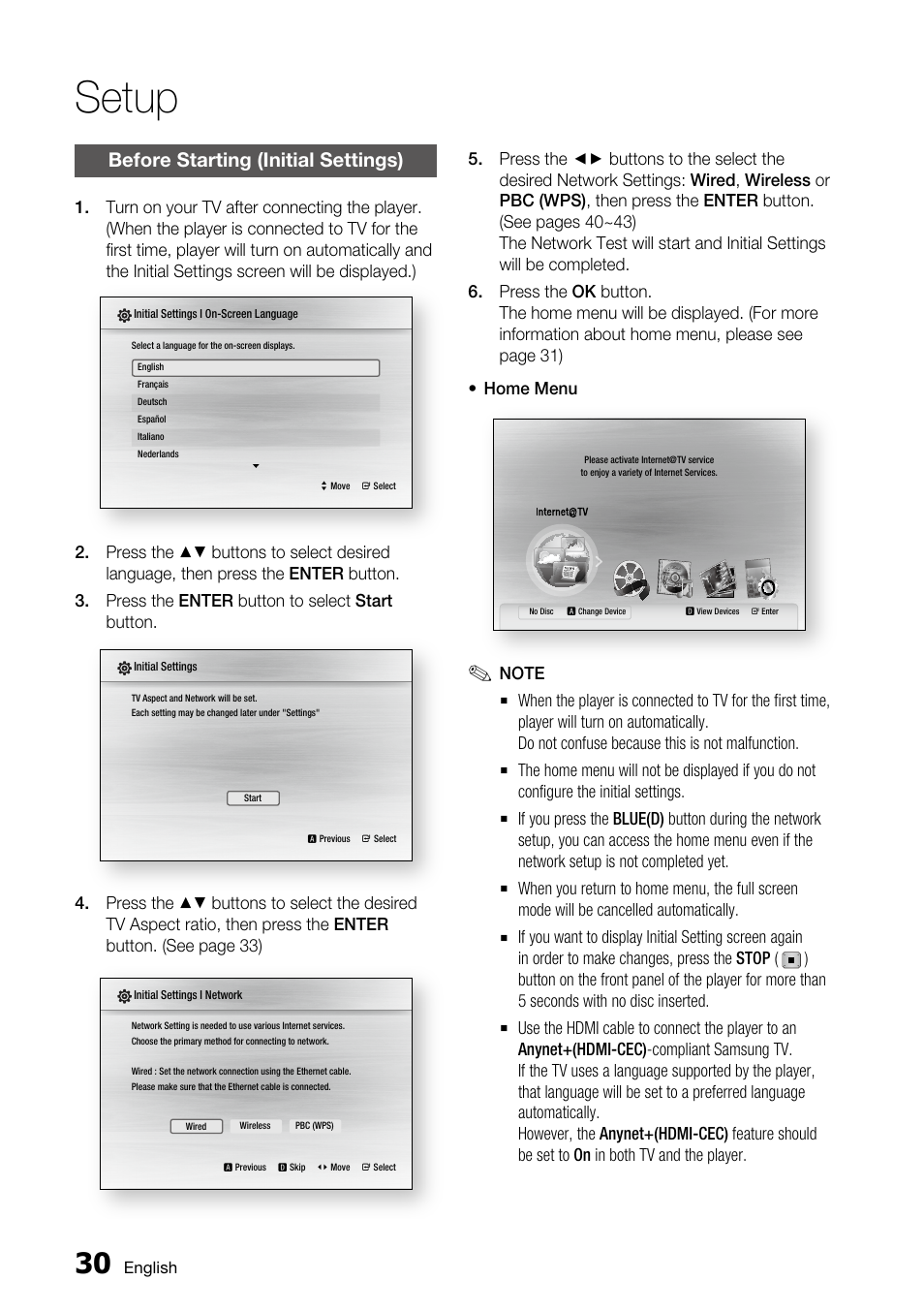 Setup, Before starting (initial settings) | Samsung BD-C6800 User Manual | Page 30 / 71