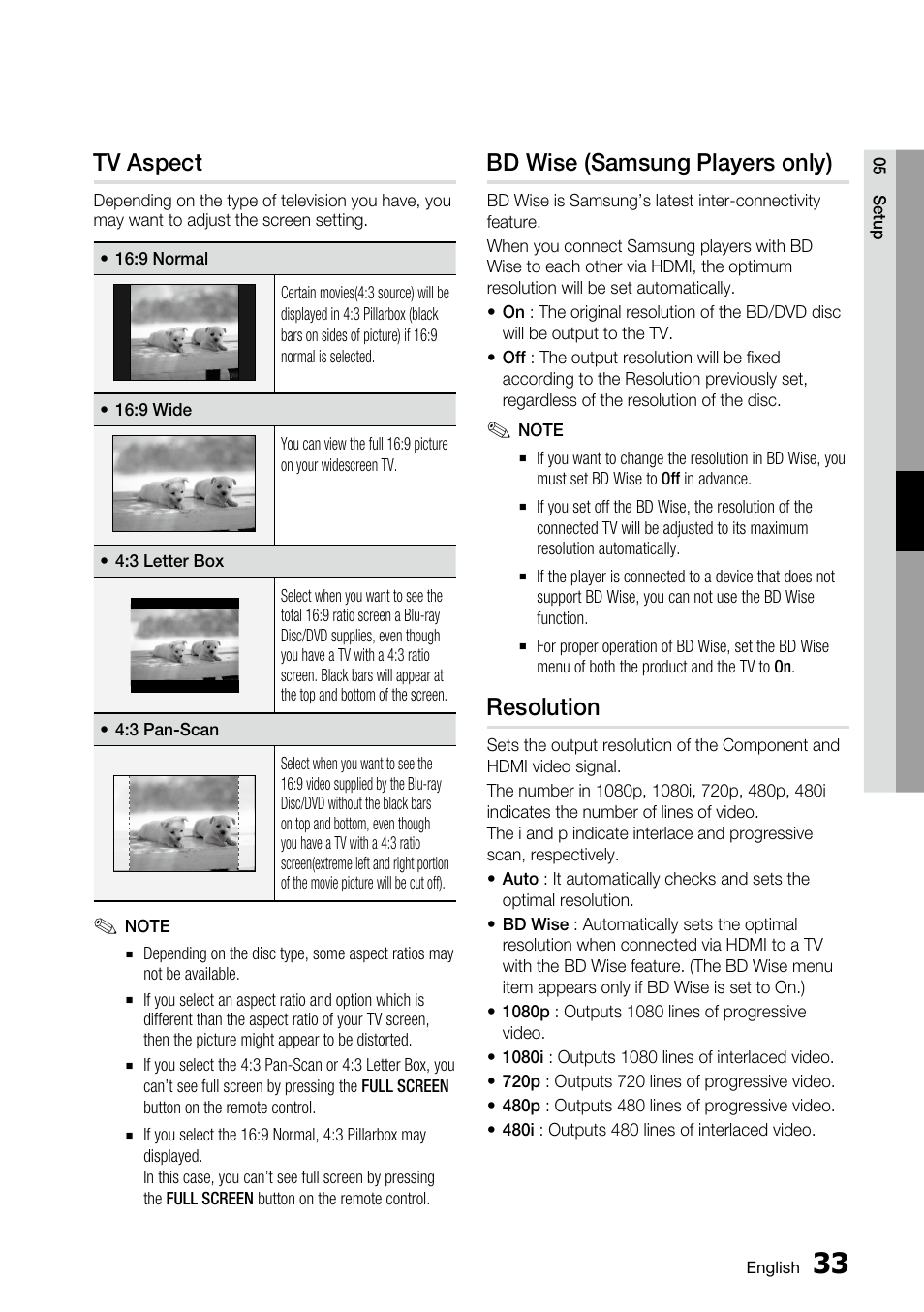 Tv aspect, Bd wise (samsung players only), Resolution | Samsung BD-C6800 User Manual | Page 33 / 71