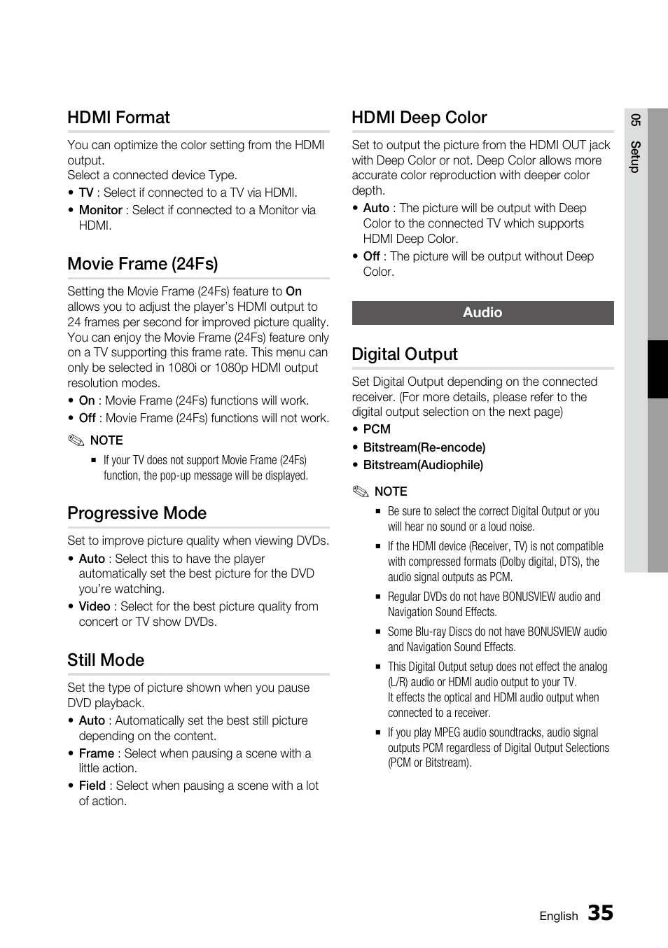 Hdmi format, Movie frame (24fs), Progressive mode | Still mode, Hdmi deep color, Audio, Digital output | Samsung BD-C6800 User Manual | Page 35 / 71