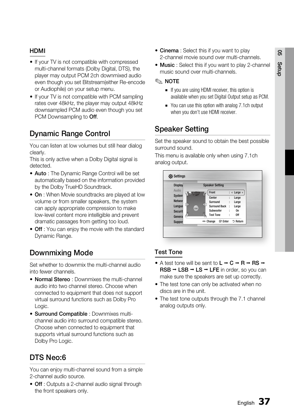 Dynamic range control, Downmixing mode, Dts neo:6 | Speaker setting | Samsung BD-C6800 User Manual | Page 37 / 71