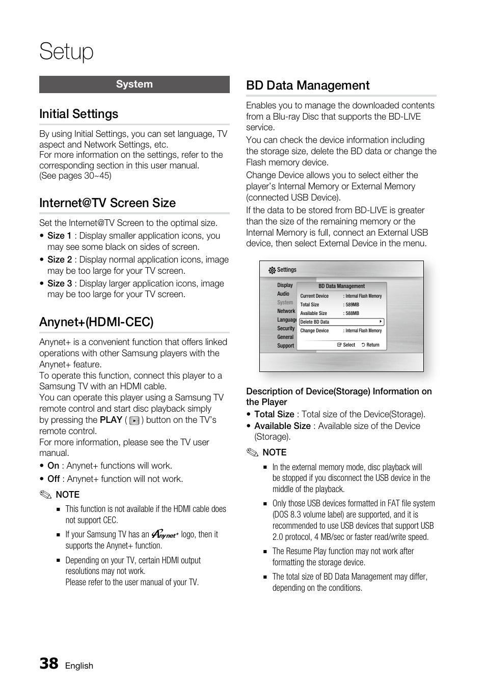 System, Initial settings, Internet@tv screen size | Anynet+(hdmi-cec), Bd data management, Setup | Samsung BD-C6800 User Manual | Page 38 / 71