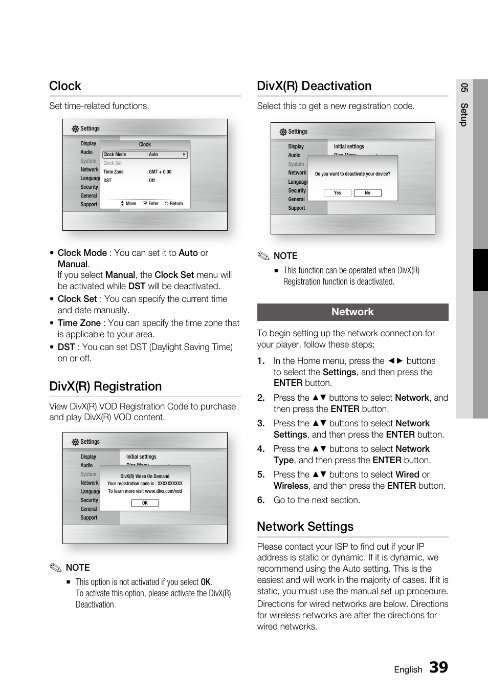 Clock, Divx(r) registration, Divx(r) deactivation | Network, Network settings | Samsung BD-C6800 User Manual | Page 39 / 71