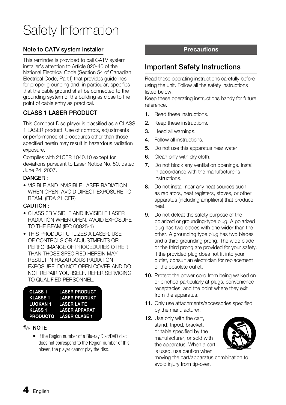 Precautions, Important safety instructions, Safety information | Samsung BD-C6800 User Manual | Page 4 / 71