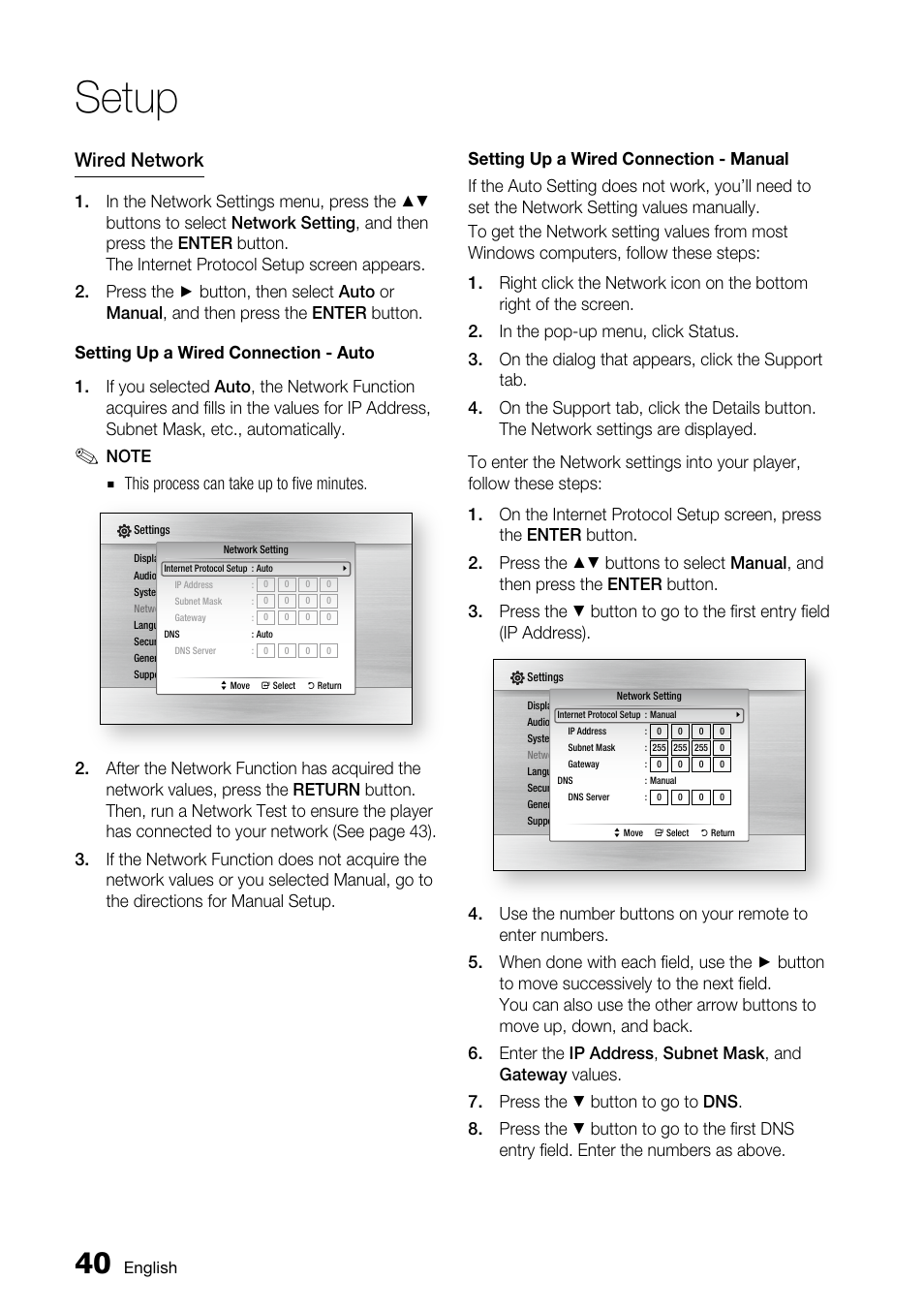 Setup, Wired network | Samsung BD-C6800 User Manual | Page 40 / 71