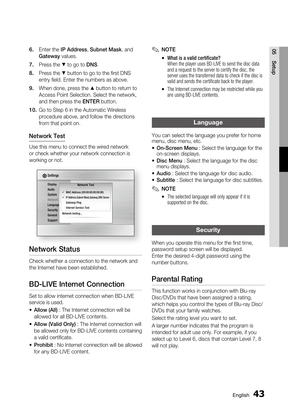 Network status, Bd-live internet connection, Language | Security, Parental rating | Samsung BD-C6800 User Manual | Page 43 / 71