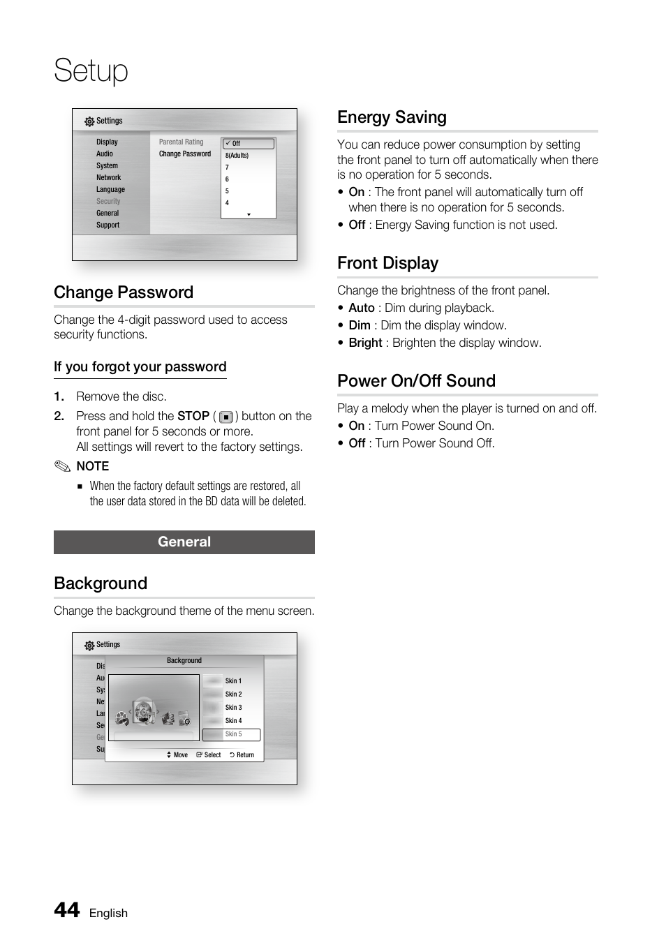 Change password, General, Background | Energy saving, Front display, Power on/off sound, Setup | Samsung BD-C6800 User Manual | Page 44 / 71