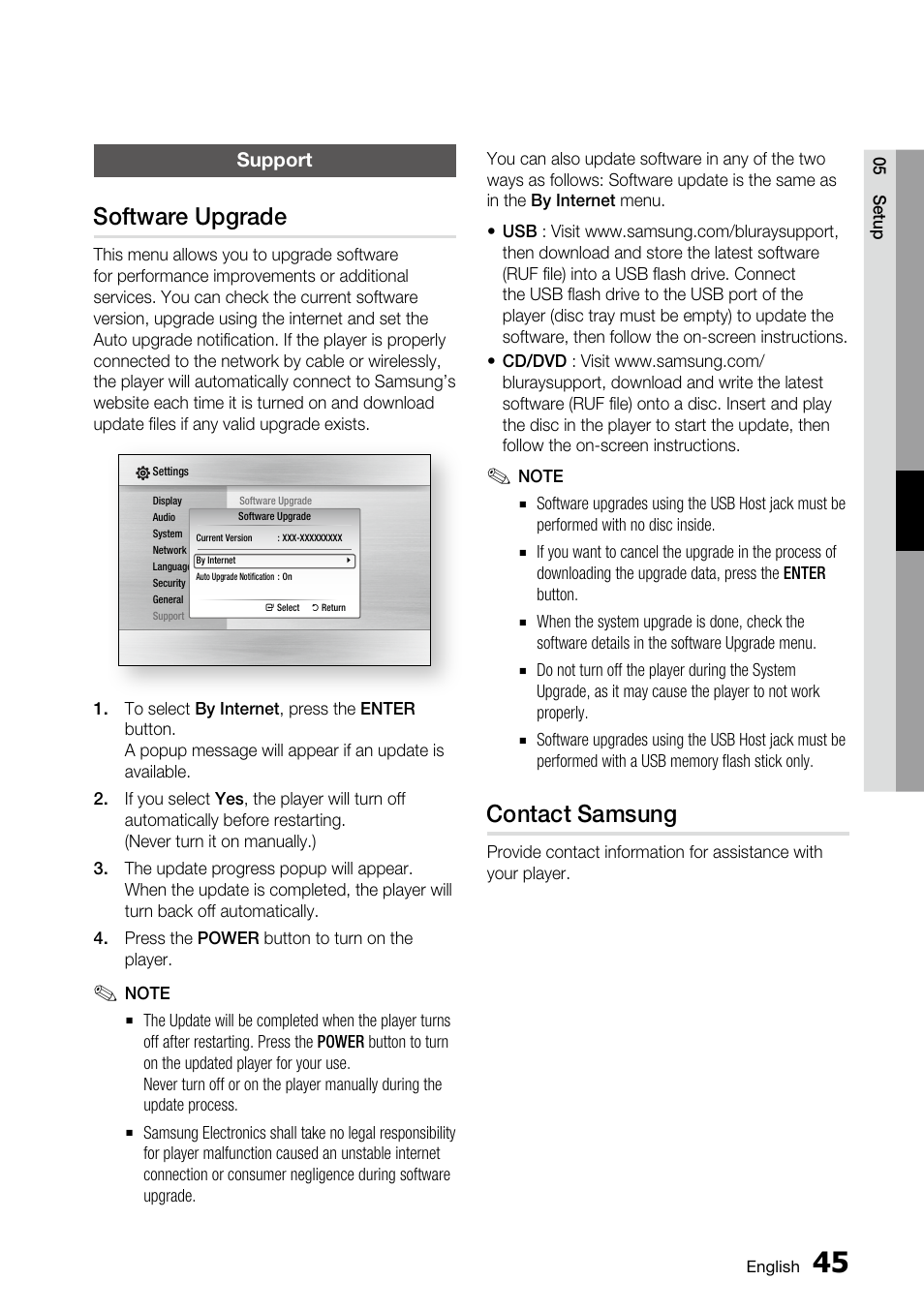 Support, Software upgrade, Contact samsung | Samsung BD-C6800 User Manual | Page 45 / 71
