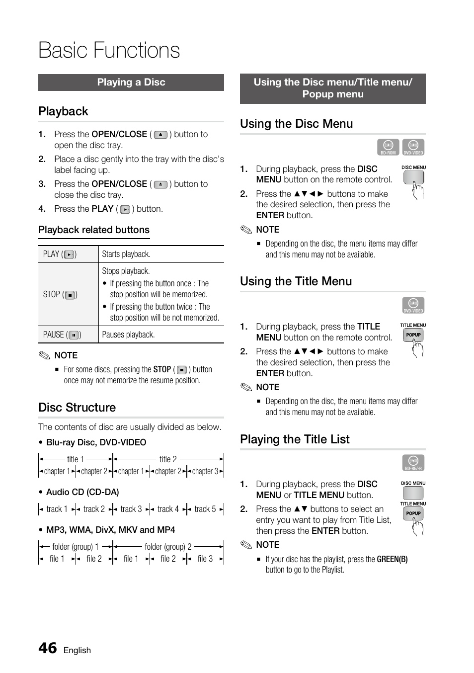 Basic functions, Playing a disc, Playback | Disc structure, Using the disc menu/title menu/popup menu, Using the disc menu, Using the title menu, Playing the title list | Samsung BD-C6800 User Manual | Page 46 / 71