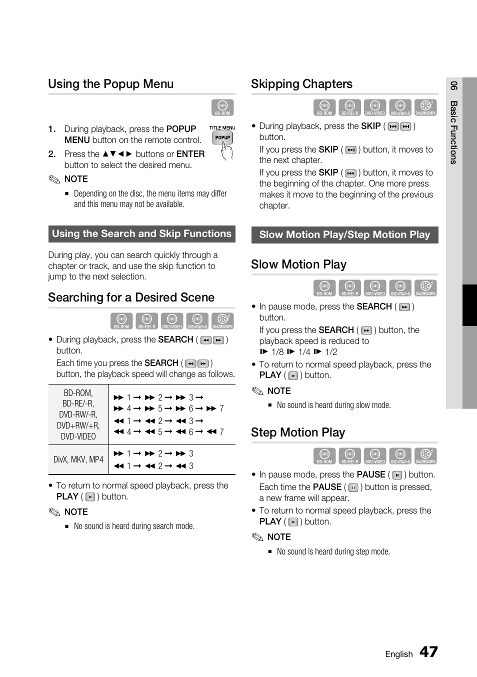 Using the popup menu, Using the search and skip functions, Searching for a desired scene | Skipping chapters, Slow motion play/step motion play, Slow motion play, Step motion play | Samsung BD-C6800 User Manual | Page 47 / 71